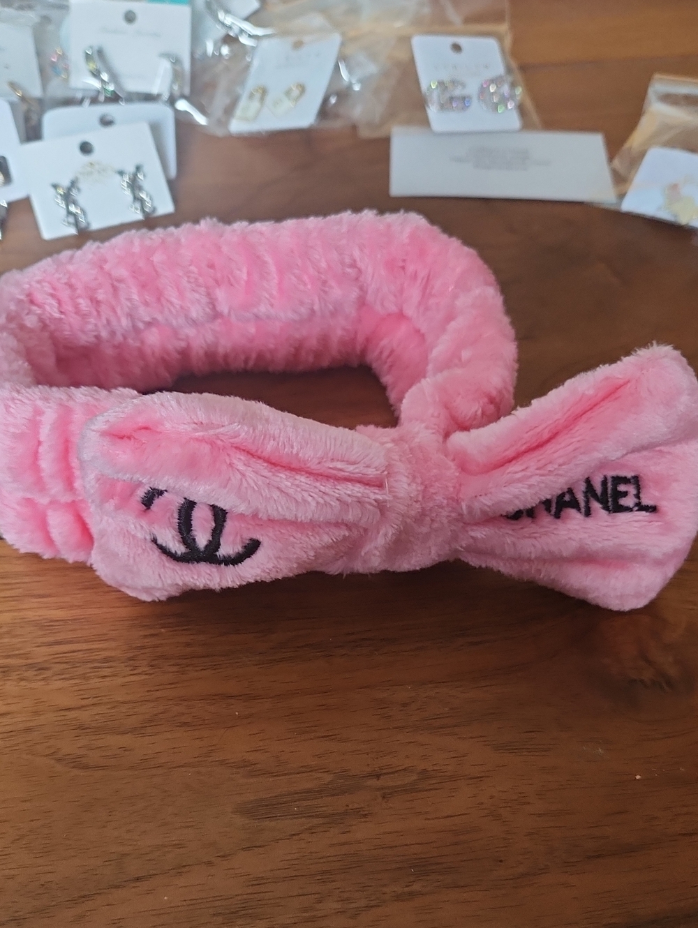 Fashion to Figure Pink Plush Bow Headband with Black Logo